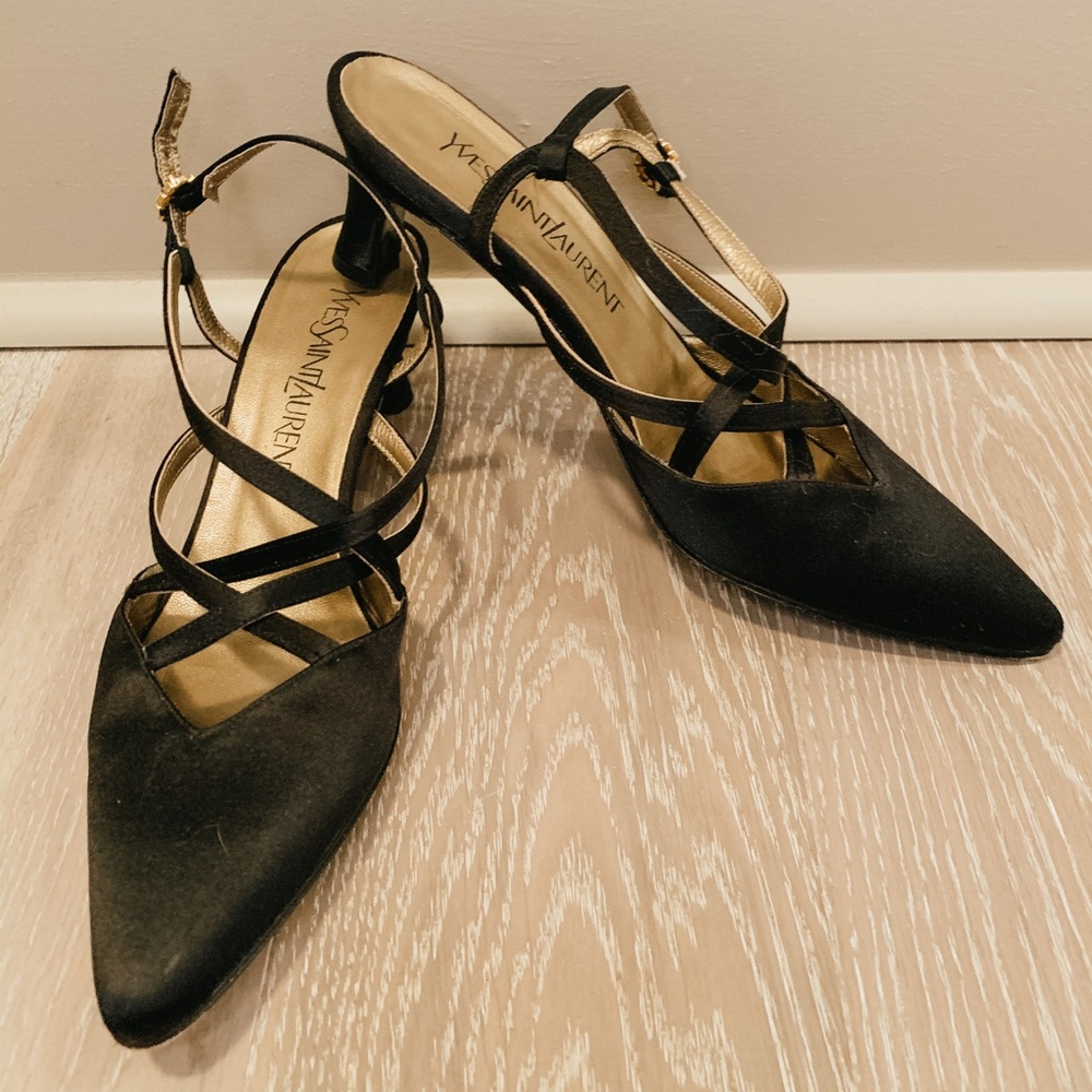 Black vintage satin YSL criss-cross heels